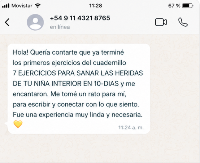 Mensaje de una clienta: completó los primeros ejercicios del cuadernillo