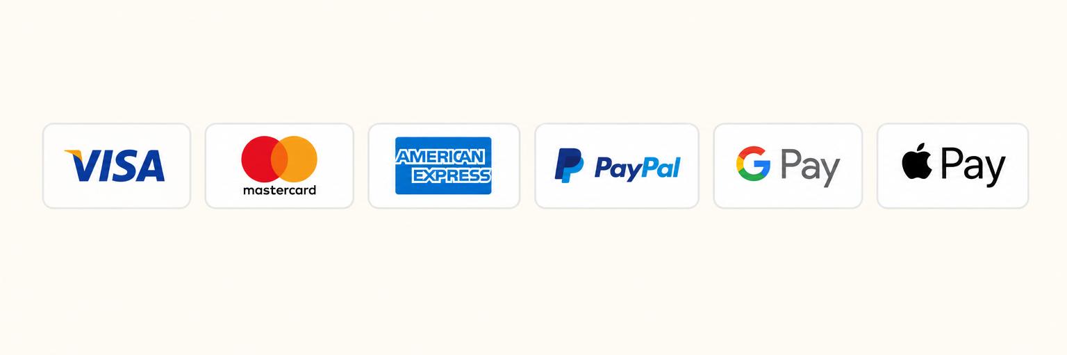 Métodos de pago aceptados: Visa, Mastercard, American Express, PayPal, Google Pay y Apple Pay