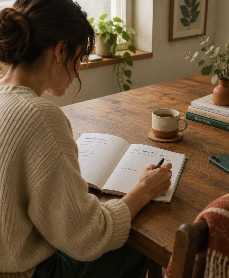 Mujer escribiendo en su cuadernillo junto a una ventana